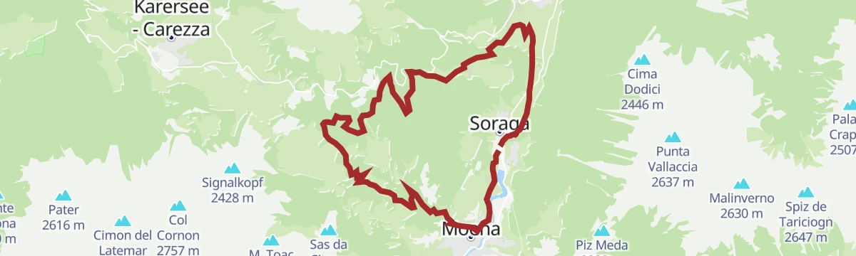 Route map: Soraga - Costalunga Pass - Moena - Soraga